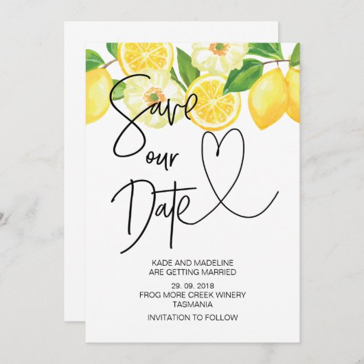Invitation Enregistrer notre date Mariage Citron d'été (Devant / Derrière)