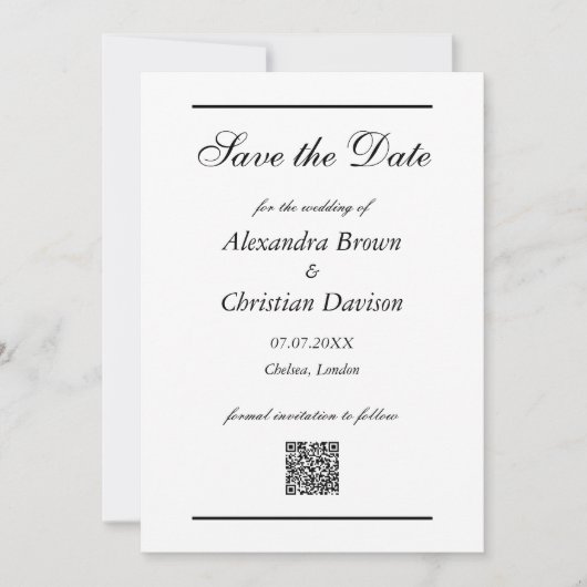 Invitation Enregistrez la date de mariage simple code QR et a (Devant)
