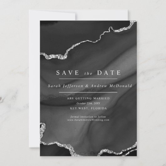Invitation Enregistrez la date en noir et argent (Devant)