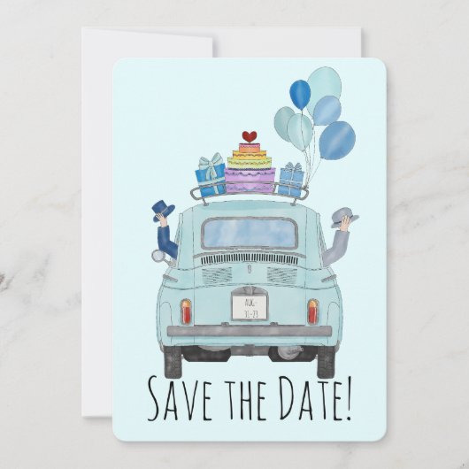 Invitation Enregistrez la Date Gay Couple dans Fiat 500. (Devant)