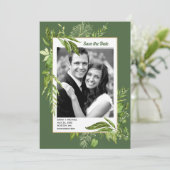 Invitation Enregistrez la date. Mariage botanique vert photo (Debout devant)