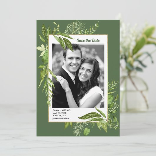 Invitation Enregistrez la date. Mariage botanique vert photo (Debout devant)
