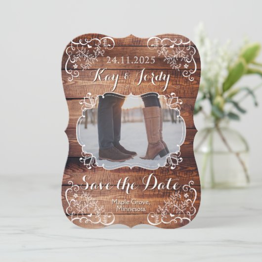 Invitation Enregistrez la date Rustique Mariage Forestier Vot (Debout devant)