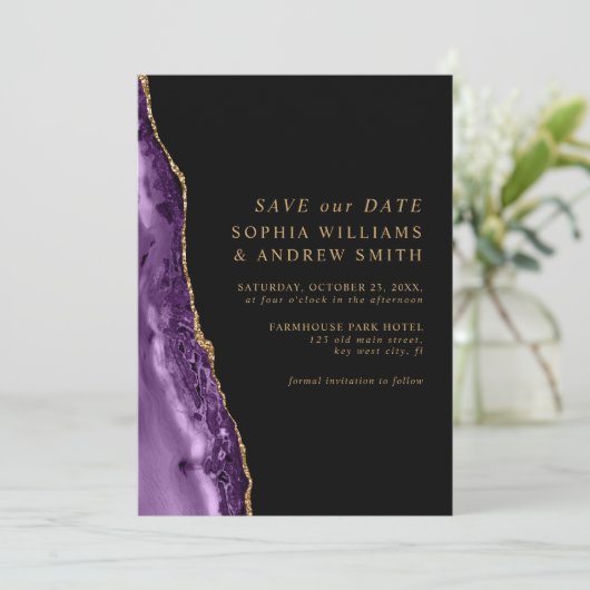 Invitation Enregistrez la date Violet & Or (Debout devant)