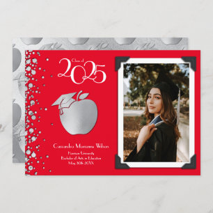 Invitation Enseignant Éducation Silver Graduation Rouge