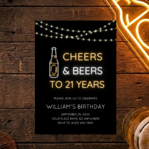 Invitation Enseigne néon Cheers & Beers 21e anniversaire adul