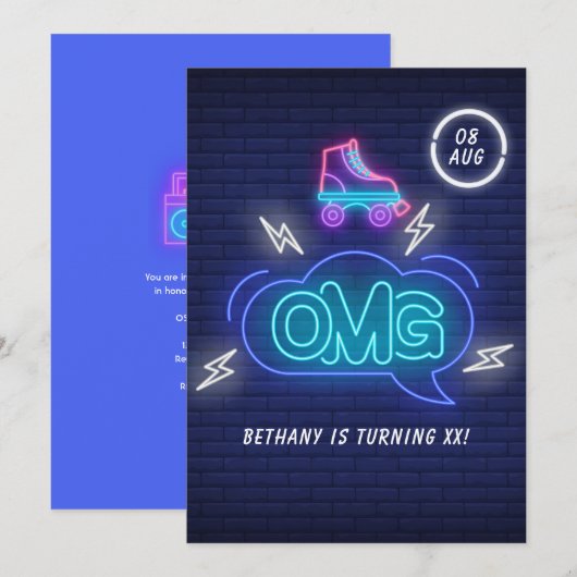 Invitation Enseignes néon rétro pour anniversaire (Devant / Derrière)