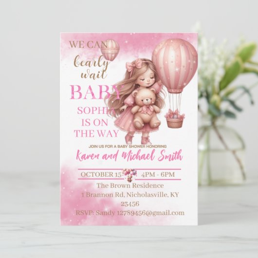 Invitation Ensemble de Baby shower à air chaud de l'ours rose (Debout devant)