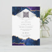 Invitation Ensemble de mariage bleu agate moderne avec QR Cod (Debout devant)