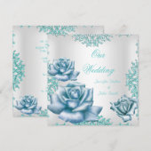 Invitation Ensemble de mariage élégant avec roses bleu sarcel (Devant / Derrière)