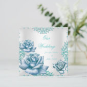 Invitation Ensemble de mariage élégant avec roses bleu sarcel (Debout devant)