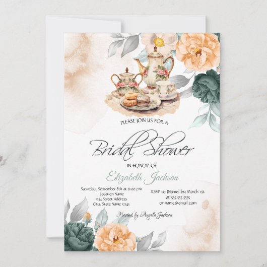 Invitation Ensemble de thé Roses Vertes Baby Shower (Devant)