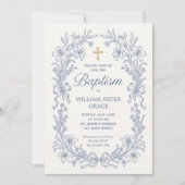 Invitation Ensemble d'invitation de baptême bleu floral vinta (Devant)