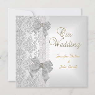 Invitation Ensemble Élégant de Mariage Damassé Ruban Blanc Ar