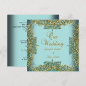 Invitation Ensemble élégant de mariage orné bleu or (Devant / Derrière)