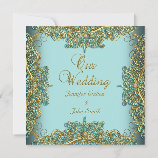 Invitation Ensemble élégant de mariage orné bleu or (Devant)