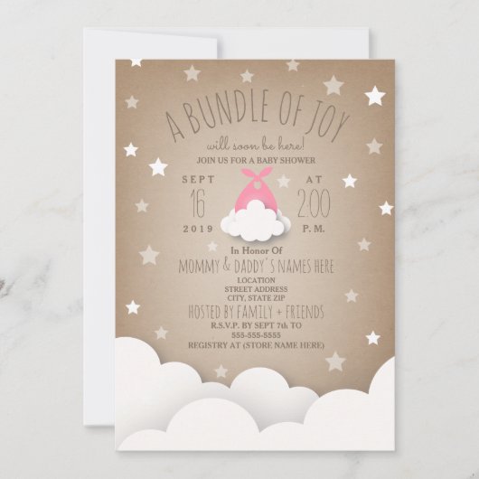 Invitation Ensemble rose de nuages de joie + Baby shower des (Devant)