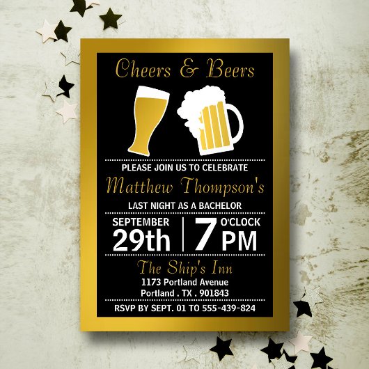 Invitation Enterrement de vie de garçon Black & Gold Cheers &