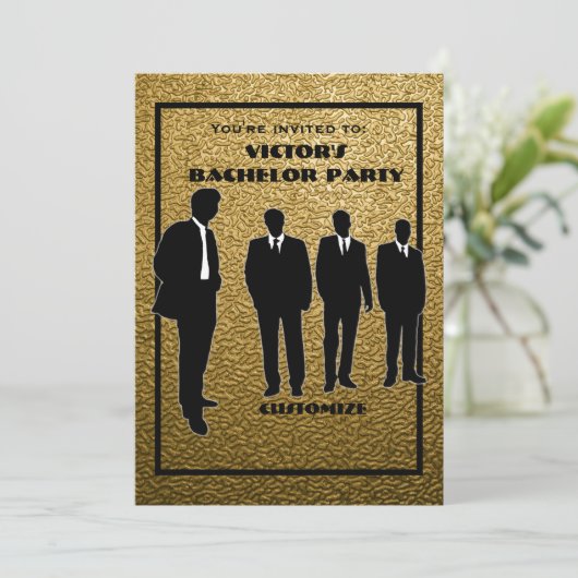 Invitation Enterrement de vie de garçon chic noir et or (Debout devant)
