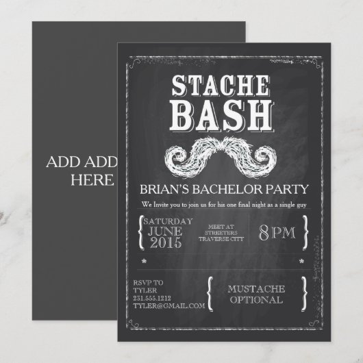 Invitation Enterrement de vie de garçon Moustache Bash Tablea (Devant / Derrière)