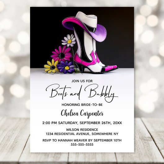 Invitation Enterrement de vie de jeune fille Boots and Bubbly