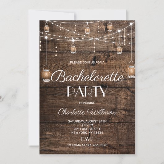 Invitation Enterrement de vie de jeune fille en bois rustique (Devant)