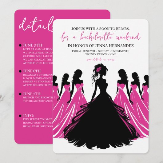 Invitation Enterrement de vie de jeune fille Rose & Noir (Devant / Derrière)