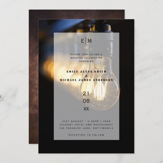 Invitation Entrepôt industriel rustique Mariage Edison Lumièr (Devant / Derrière)