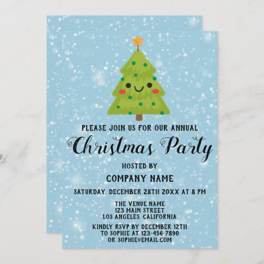 Invitation Entreprise Fête de Noël Arbre Bleu neige (Devant / Derrière)