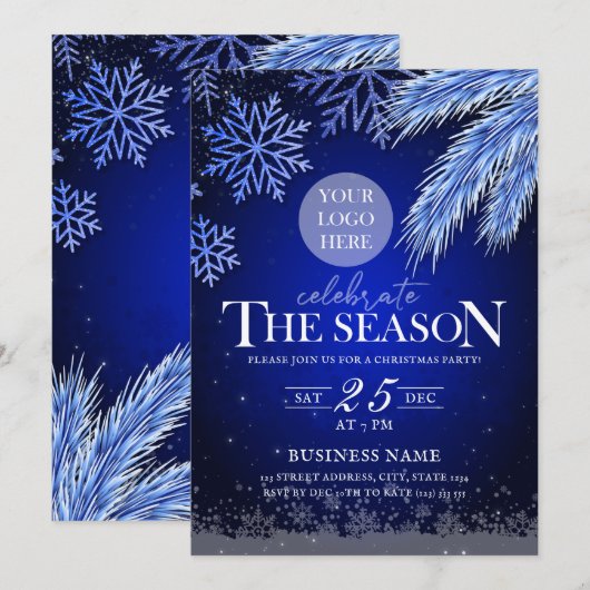 Invitation Entreprise Fête Logo Bleu Hiver Élégant (Devant / Derrière)