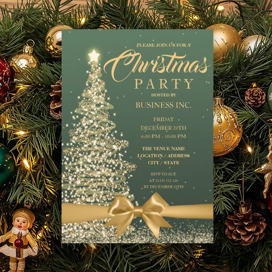 Invitation ENTREPRISE Noël Arbre Ruban Vert Gold Party