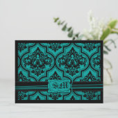 Invitation Enveloppe noire turquoise de Goth mariage damassé (Debout devant)
