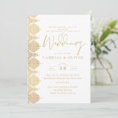 Invitation Envie de mariage élégant en dentelle blanche or de (Debout devant)