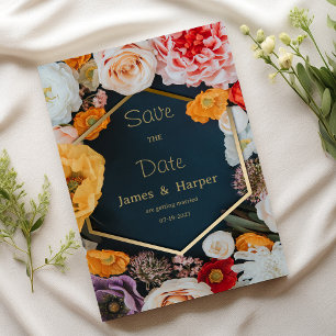 Invitation Épargnez la date floral jaune rose bleu marine or