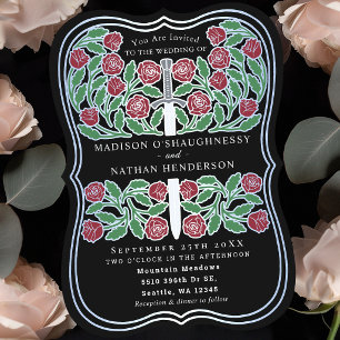 Invitation Épée argentée florale médiévale royale noire pour