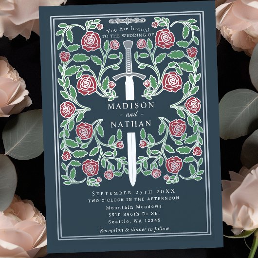 Invitation Épée argentée grise florale mariage médiéval fanta