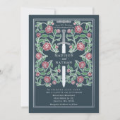 Invitation Épée argentée grise florale mariage médiéval fanta (Devant)