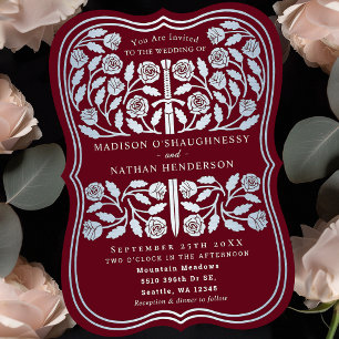 Invitation Épée argentée royale médiévale rouge pour mariage