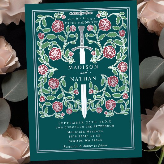 Invitation Épée argentée sarcelle florale mariage médiéval fa