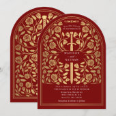 Invitation Épée dorée médiévale royale écarlate pour arche de (Devant / Derrière)