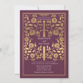 Invitation Épée dorée médiévale royale mauve Code QR de maria (Devant)