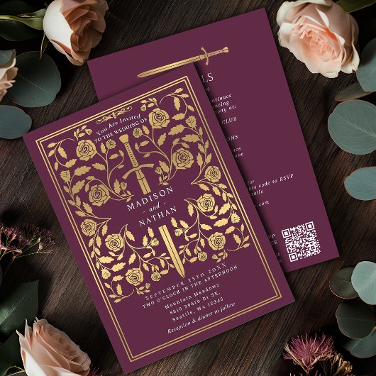 Invitation Épée dorée médiévale royale mauve Code QR de maria