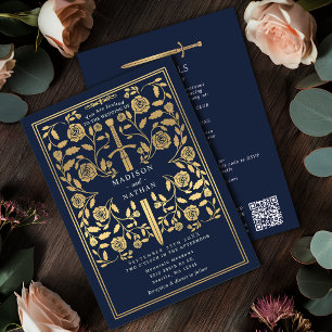 Invitation Épée dorée royale bleue médiévale Code QR de maria