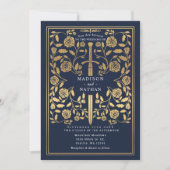 Invitation Épée dorée royale bleue médiévale Code QR de maria (Devant)