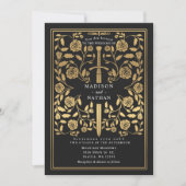 Invitation Épée dorée royale médiévale noire avec code QR de (Devant)