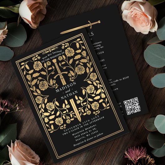 Invitation Épée dorée royale médiévale noire avec code QR de