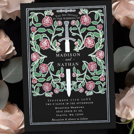 Invitation Épée Florale Argent Noir Mariage Médiéval Fantasti