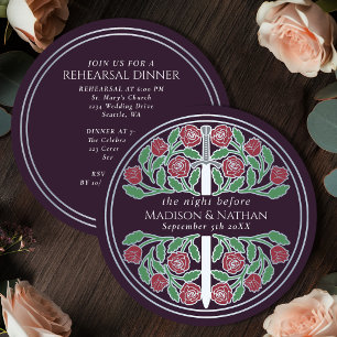 Invitation Épée florale argentée aubergine Réception de maria