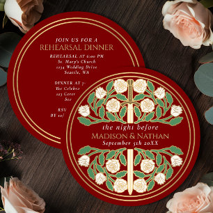 Invitation Épée florale d'or écarlate Mariage royal Répétitio