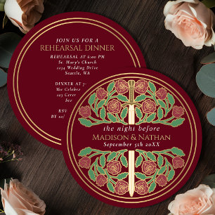 Invitation Épée florale d'or rouge Mariage royal répétition